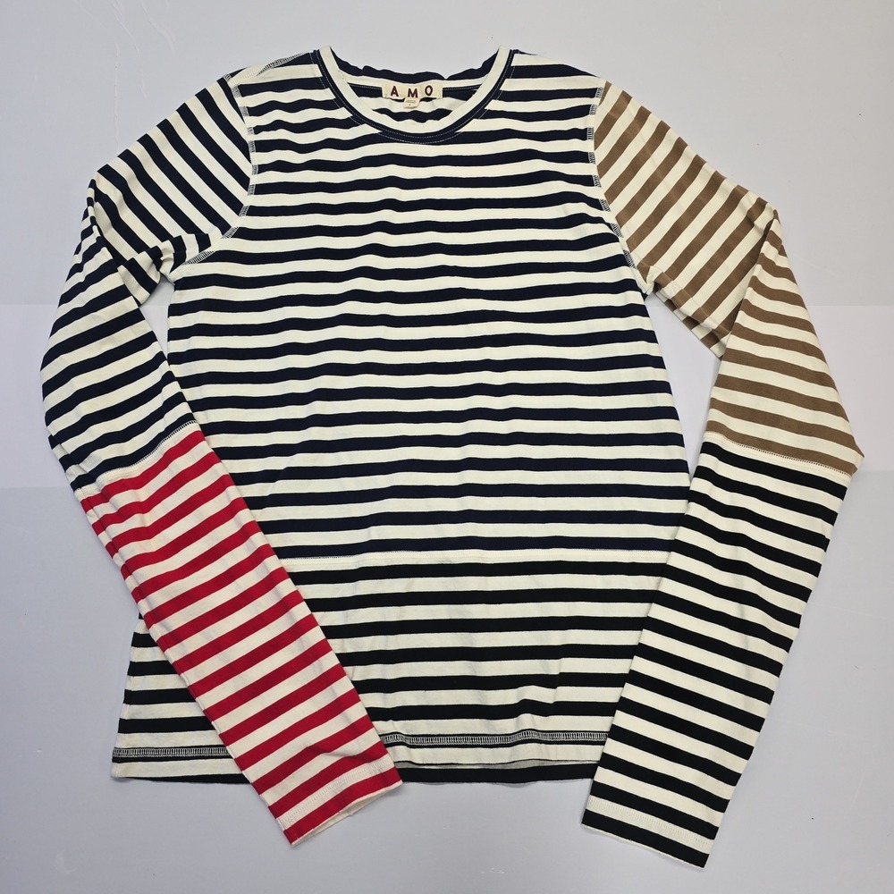 AMO Women Striped Long Sleeve Cotton Tee Shirt Navy Red Brown Mixed Stripe L